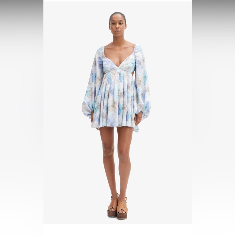 Bardot Floral Plunge V-Neck Long Sleeve Dress - Pastel Blue & Mint Floral